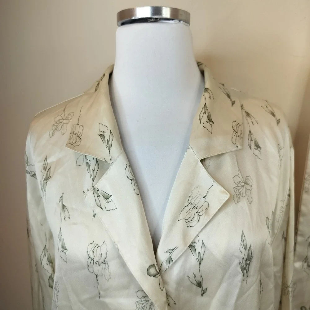 Womens Floral Satin Pajama Set Large Sleepwear Olive Green Shirt Pants
